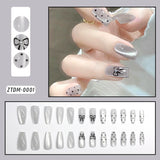 Shopmocho 24Pcs Gold Ripple Brown Flowers False Nails with Rhinestones Pearl Design Wearable Almond False Nails Full Cover Press on Nails