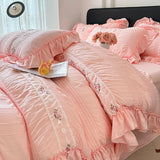 Shopmocho Korean Princess Style Lace Ruffles Wedding Bedding Set Seersucker Washed Cotton Soft Duvet Cover Set Bed Sheet Pillowcase 3/4Pcs