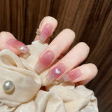 Shopmocho 24Pcs Glitter Diamond Press On Nails Sweet Cute Girl Acrylic Nails Full Cover Short Square Fake Nails Wearable Manicure Nail Tip