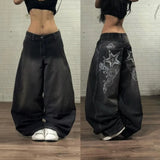SHOPMOCHO 2026 American New Fashion Star Pattern Embroidery Old Jeans Women Y2K Gothic Hip-hop Casual Joker Straight Wide-leg Trousers