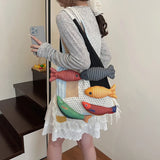 Shopmocho Cute Little Fish Relaxed Knitted Bag 2025 Summer New Commuter Versatile Shoulder Bag Contrasting Cut Out Tote Bag