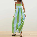 Shopmocho Combhasaki Women Summer Striped Adjustable Thin Spaghetti Straps Ric-Rac Trim Flowy Beachwear A-line Slip Cami Pocket Long Dress