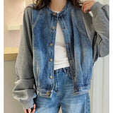 Shopmocho Harajuku Y2K Patchwork Denim Jacket Women O Neck Loose Casual Classic Coat Long Sleeve Single Breasted Rockabilly Baseball Jacke