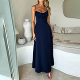Shopmocho Sexy Solid Color Sleeveless Long Dress Women 2025 Summer Fashion Casual Elegant A-Line Dresses Beach Vacation Spaghetti Strap