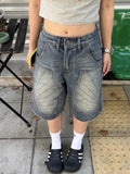 Shopmocho HOUZHOU Vintage Washed Y2k Jorts Women Streetwear Baggy Grunge Blue Denim Shorts Oversized Harajuku Aesthetic Knee Length Jeans
