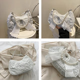 SHOPMOCHO White Folds Pearl Female Bag Retro Luxury Designer Handbag Bow Crossbody Bags Fashion Y2K Vintage Women's Shoulder Bag Purses
