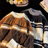 Shopmocho American autumn and winter street fashion personalized jacquard round neck pullover for couples loose retro color blocked knit