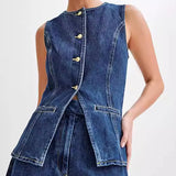 SHOPMOCHO- Summer Women's Denim Shorts Suit Sleeveless O-neck Single Breasted Split Top Vest High Waist Wide Leg Shorts 2025 Lady Sets