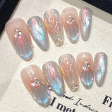 Shopmocho Handmade Press on Nails Blue Aurora Mermaid Fake Nail Patches Wearable Detachable French Pearl Almond False Nail Tips 10pcs