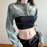 SHOPMOCHO Women Fashion Denim Jacket Y2K Aesthetic Vintage Sexy Crop Tops Coat Japanese Harajuku Streetwear Female Spring Summer Outerwear