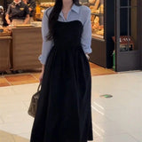 Shopmocho New Arrival Women's Fashion Two-piece Illusionshirt Black Long Sleeve Dress High-end Feel Matching Set