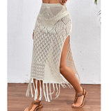 Shopmocho Women Knitted Texture Sarong Skirts Sexy High Slit Tassel Cover-Up Beach Summer Vacation Wrapped Skirt Bikini Cover Up