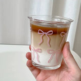 Shopmocho INS Pink Bow Glass Cups Iced Coffee Mug Clear Drinking Glasses Tumbler Milk Tea Juice Water Cup Dessert Cups Drinkware 260-380ML