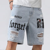 SHOPMOCHO Men Summer Fashion Denim Shorts Jeans For Men Streetwear Letter Ripped Knee Length Baggy Comfort Cargo Casual Shorts Pants Jeans