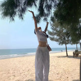 Shopmocho American Retro Butterfly Knot Full Print Paratrooper Pants Women Spring Summer Wide Leg Drawstring Casual Long Trousers