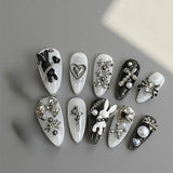 Shopmocho 10pcs personalized black and white nail art, rabbit and bow decoration - Gothic minimalist style, suitable for daily wear
