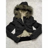 SHOPMOCHO Autumn Winter Vintage Windproof Hooded Jacket Lambswool Lining Warm Zipper Hoodie Women Cotton Brown Zipper Jackets Y2k Coat