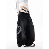 SHOPMOCHO YIBASHU Women Vintage Embroidery Y2K Baggy Jeans Female High Waist 2000s Wide Leg Denim Pants American Retro Harajuku Trouser