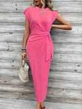 Shopmocho Elegant Waist Tie Striped Round Neck Short Sleeves Long Dress Summer Women's High-End Feel Women's Clothing Skirt
