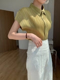 Shopmocho Miyake Pleated Cardigan Single Breasted Short Sleeve Polo Shirt Women Spring Summer Korean Fashion Causal Comfortable Clothing