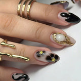 Shopmocho Pink Yellow Halo Dyeing Flower Water Ripple Summer False Nails Leopard Long Pointed Fake Nails Art Press on Nails Charm Manicure