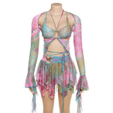 Shopmocho Women Y2k Ruffle Butterfly 2 Piece Outfit Sexy Fairy Backless Crop Top Wrap Mini Skirt Set Rave Festival Matching Set