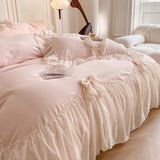 Shopmocho Korean Style Princess Lace Bow Bedding Set Pink Sweet Girl Chiffon Ruffles Duvet Cover Bed Sheet Pillowcase Wedding Home Textile