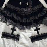 SHOPMOCHO Gothic Palace Style Lace Black 2-piece Set Women High Street Darkly Slim Patchwork Cross Cake Skirt Suit Y2k Hot Girl Outfits