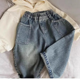 SHOPMOCHO Spring and Autumn Children's Pocket Wide Leg Jeans Contrast Loose Relaxed Pants for Boys and Girls Jeans Baby Kids Trousers 2-6Y
