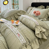 Shopmocho Korean Princess Style Lace Ruffles Wedding Bedding Set Seersucker Washed Cotton Soft Duvet Cover Set Bed Sheet Pillowcase 3/4Pcs