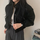 Shopmocho Autumn Winter Loose Woolen Coat Women Large Size with Pockets Small Stand Collar Long Sleeve Button Hong Style Women's Clothing