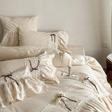 SHOPMOCHO Double-layered Ruffles Lace Bow Princess Bedding Set Cotton Linen Blend Duvet Cover Set Flat/Fitted Bed Sheet Pillowcases 4Pcs