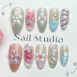 SHOPMOCHO 24PCS Sweet Pink Blush French Almond Press on Nails 3D Flower Ripples Fake Nails for Women Girls Simple Ins Nail Tips Detachable