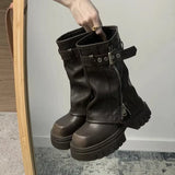 Shopmocho Winter Women Biker Boots Fashion Belt Buckle Ladies Elegant Platform Flats Short Booties Casual Women's Knight Booties