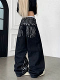 SHOPMOCHO Women's Zebra Pattern Patchwork Design Casual Pants Street Unisex Sweatpants Girl Wide Leg Bottoms Female High Waist Trousers