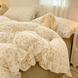 Shopmocho 2025 INS Princess Style Bedding Sets Ruffle Lace Bow Quilt Cover Romantic Bedclothes Decor Woman Girls Bedroom Duvet Cover 4pcs