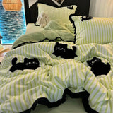 SHOPMOCHO Korean Style Bedding Set Green Strip Black Cat Embroidery Washed Cotton  Duvet Cover Cute Cardboard  Bed linen Comforter Sets