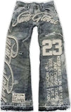 SHOPMOCHO Streetwear Vintage Blue Jeans Y2K Clothes Men Hip Hop Letter Patch Embroidery Vintage Blue Baggy Jeans Mid Rise Wide Leg Trouser