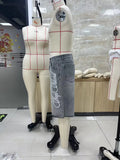 SHOPMOCHO Fashion Men Summer Casual Denim Shorts Knee Length Trendy Letter Embroidered Shiny Rhinestone Decor Jeans Shorts with Pockets