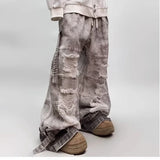 Shopmocho Hip-hop street clothing wasteland style tie-dye ripped jeans men 2025 autumn and winter new American retro baggy wide-leg pants