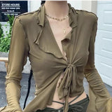 SHOPMOCHO-Long Flare Sleeve Sexy Sweet Hot Girls Korean Blouses for Women Lace-up Mesh Fashion Style All-match Solid Design Elegant Casual