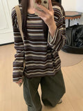 Shopmocho Long Sleeve Striped Korean Style Loose Women's T-shirt Polyester Fiber round Neck Casual Slimming Top for Early Autumn