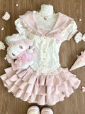 SHOPMOCHO Summer Sweet Preppy Style 2 Piece Sets Women Y2k Kawaii Lolita Design Tops + High Waist Chic Skirt Female Princess Retro Outfits