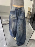 SHOPMOCHO Women Harajuku Streetwear Y2K Baggy Jeans High Street Wide Leg Curved Knife Denim Pants Vintage Washed Letter Design Trousers