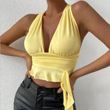 Shopmocho Women's Sexy Tight Fitting Deep V-neck Pleated Top Tight Fitting 2025 Spring Beach Resort Nightclub New Model Women's Sexy Tigh