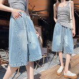 SHOPMOCHO Summer Boyfriend Plus Size Jeans Shorts Woman Casual Loose Wide Leg Bermudas Baggy Denim Shorts Women Lace Up Half Short Pants