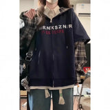 Shopmocho Two-Piece Illusion Plaid Hooded Sweatshirt Women's Spring Autumn Thin Style Design Sensibility Niche Loose Fit Idle Style Couple