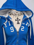 SHOPMOCHO 2025 new blue sweatshirt for women fall and winter gothic American retro casual bulk streetwear Y2K design Slim cardigan jacket