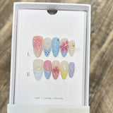 Shopmocho 10pcs French Almond Press on Nails Flower False Nails Wearable Stick-on Nails Fake Nail Uñas Postizas Mujer Накладные Ногти 네일팁