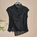 Shopmocho Retro Thin Shirt New Chinese Style Cheongsam Top Black Jacquard Short Sleeve T-shirt Summer Mature Fashion Women's Clothing